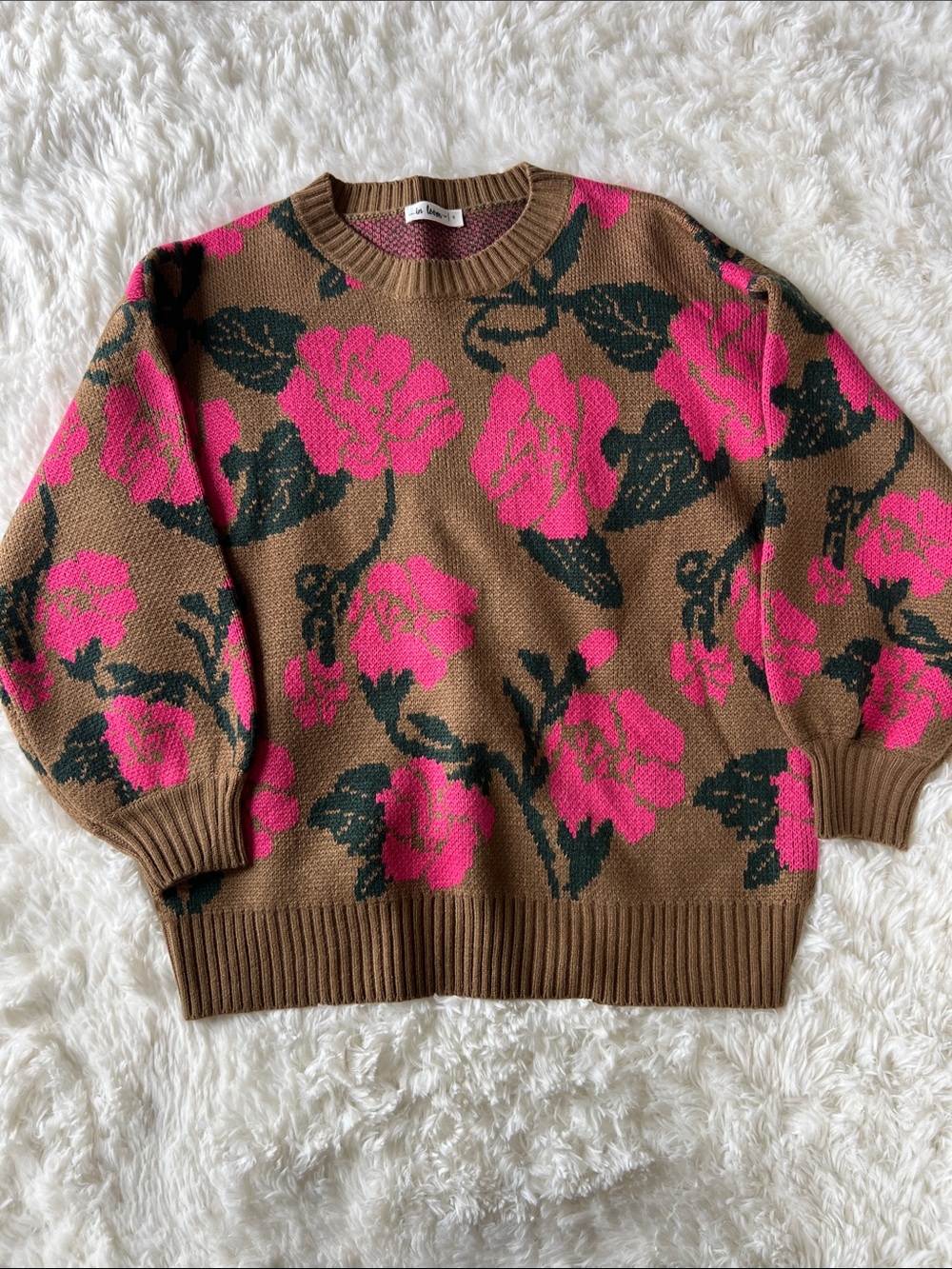 Women's Brown Crewneck Sweater with Pink Floral Pattern - Picture 2 of 4